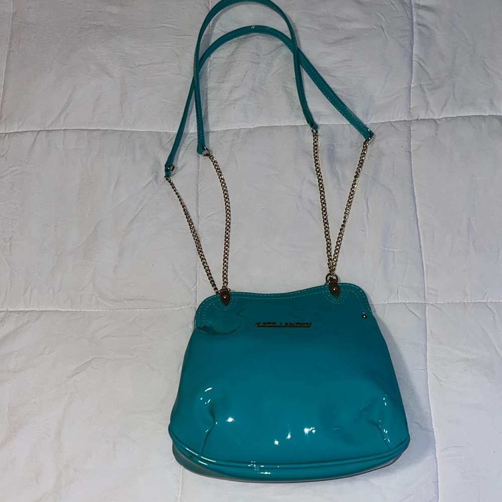 Kate Landry Tiffany blue over the shoulder handbag with gold chain and hardware.